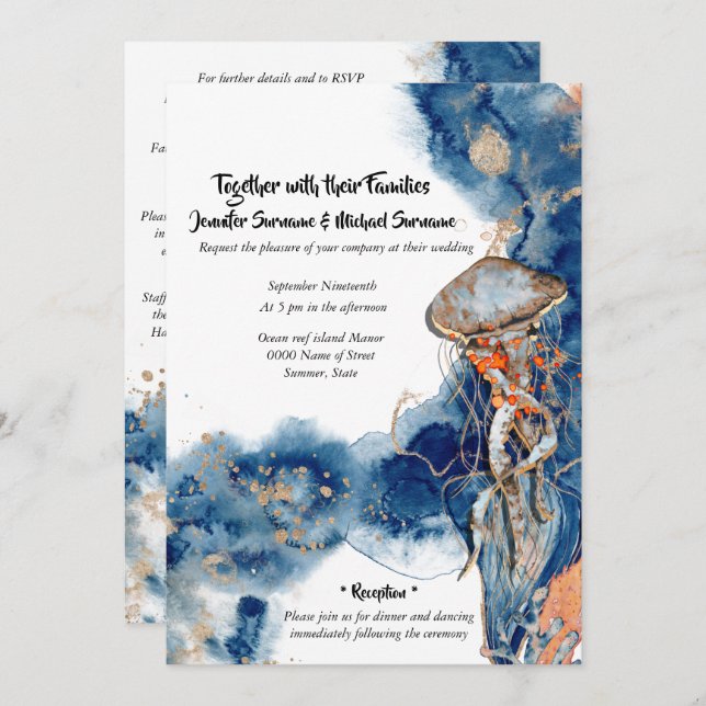 Beach watercolor jelly fish navy orange wedding invitation (Front/Back)