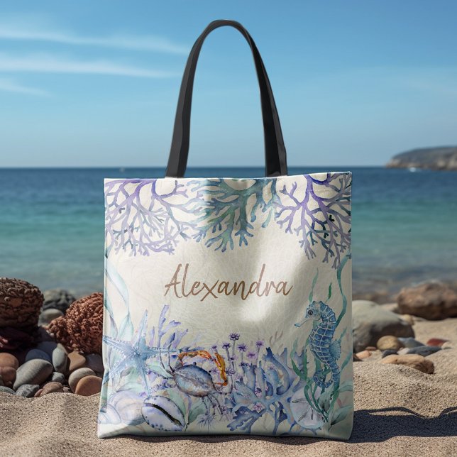 Beach Watercolor Ocean Sea Life Personalized Tote Bag (Creator Uploaded)