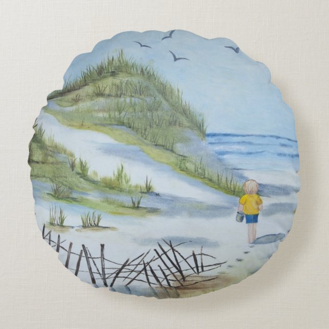 Beach watercolor round pillow (Front)