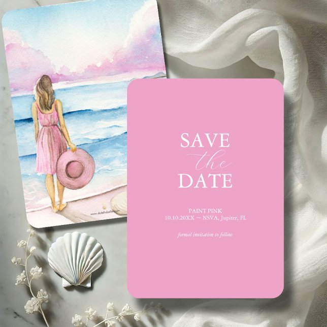 Beach Watercolor Save The Dates Save The Date (Pink save the date invitation with watercolor beach scene by Victoria Grigaliunas of Do Tell A Belle)