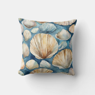 Beach Watercolor SeaShells Blue Beige Coastal Throw Pillow