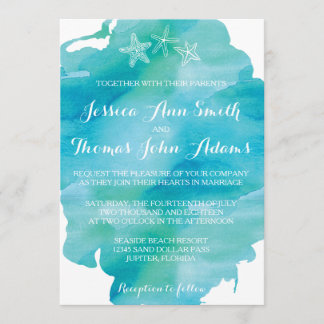 Beach Watercolor Starfish Ocean Wedding Invitation