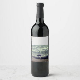 beach waves and rocks wine label