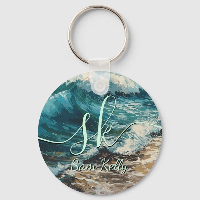Beach Waves and Sand Personalized Keychain (Front)