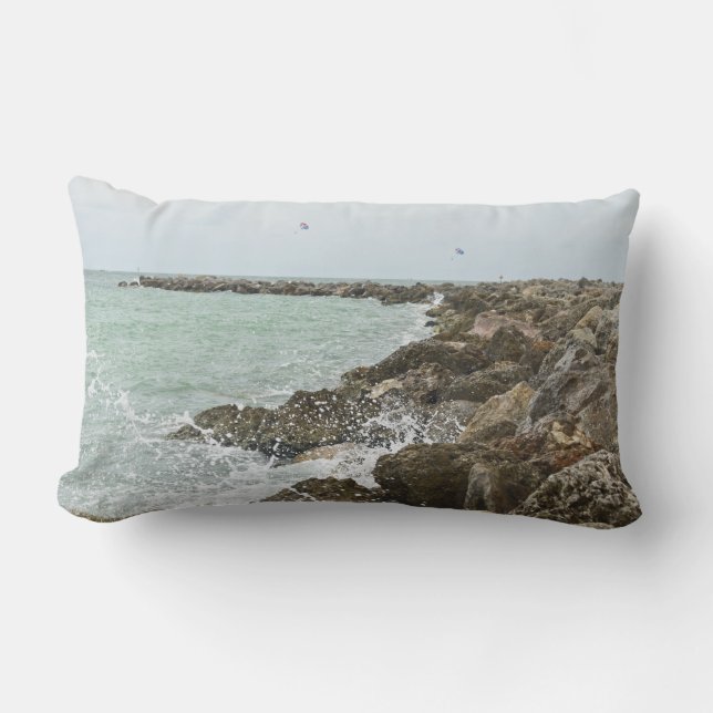 Beach Waves Crashing On Rocks Lumbar Pillow (Front)
