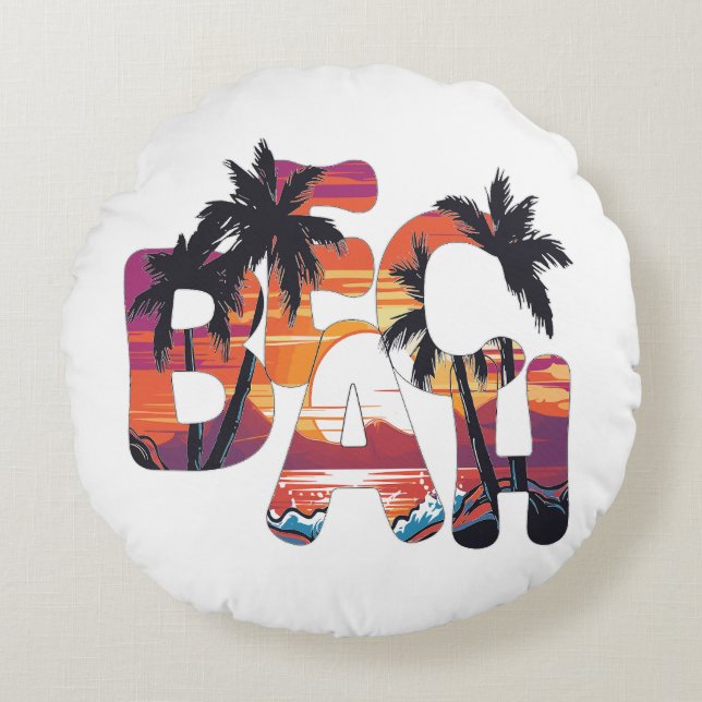 Beach Waves Palm Trees Round Pillow (Front)