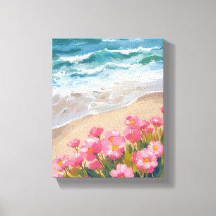 Beach Waves Watercolor Pink Floral Painting Canvas Print