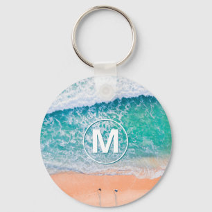 Beach Waves, White Monogram in Circle Keychain