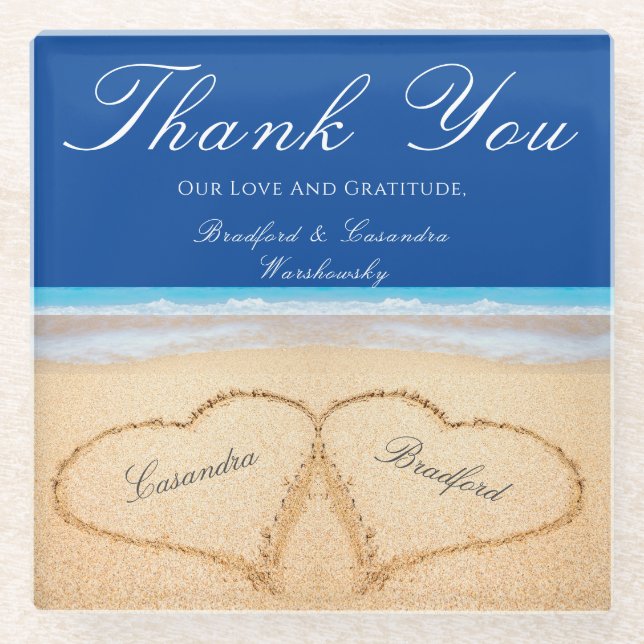 Beach Wedding 2 Hearts in the Sand  Wedding   Glass Coaster (Front)