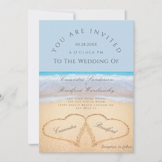 Beach Wedding 2 Hearts in the Sand wedding  Invita Invitation (Front)