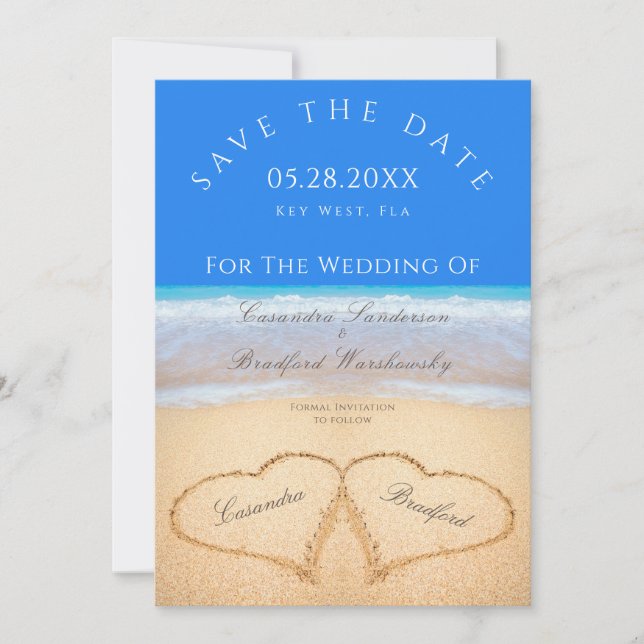 Beach Wedding 2 Hearts in the Sand wedding Invitation (Front)