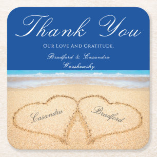 Beach Wedding 2 Hearts in the Sand  Wedding  Square Paper Coaster
