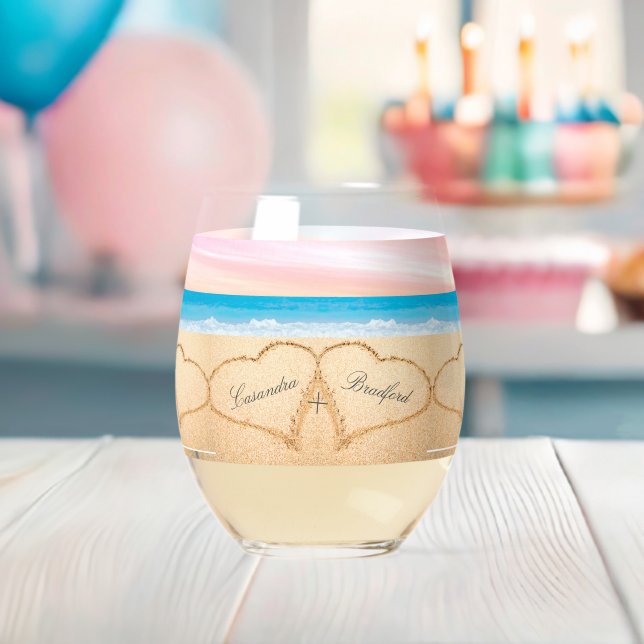 Beach Wedding 2 Hearts Sand Blush Pink Sunset  Stemless Wine Glass (Insitu (Baby Shower))