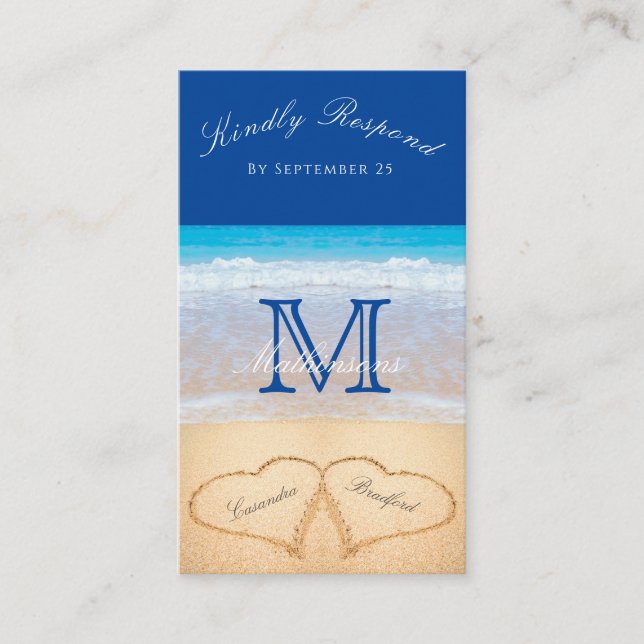 Beach Wedding 2 Hearts Sand  Dark Blue RSVP Enclos Enclosure Card (Front)