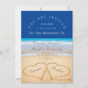 Beach Wedding 2 Hearts Sand Wedding Dark Blue Invitation