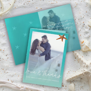 Beach wedding aqua blue starfish thank you photo card