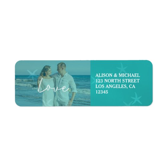 Beach wedding aqua love script photo underwater return address label