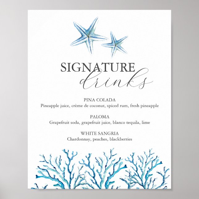 Beach Wedding Bar Sign Watercolor Starfish (Front)
