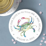 Beach Wedding Blue Crab Save the Date Round Paper Coaster<br><div class="desc">Beach wedding save the date coasters were designed using a replica of my original watercolor blue crab in shades of ocean blue,  reds and greens. Personalize with your destination or coastal wedding details. To see more tropical beach wedding favours and party decor visit www.zazzle.com/dotellabelle</div>