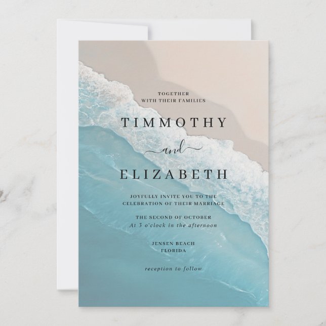 Beach Wedding Blue Ocean Sand Wedding Invitation (Front)