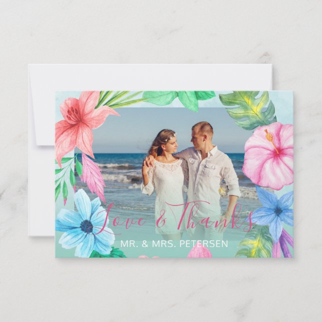 Beach wedding blue pink tropical PHOTO thank you (Front)