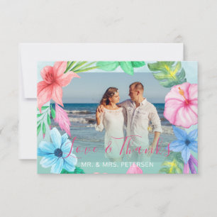 Beach wedding blue pink tropical PHOTO thank you Card