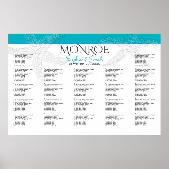 Beach Wedding Blue Starfish Big Seating Chart (Front)