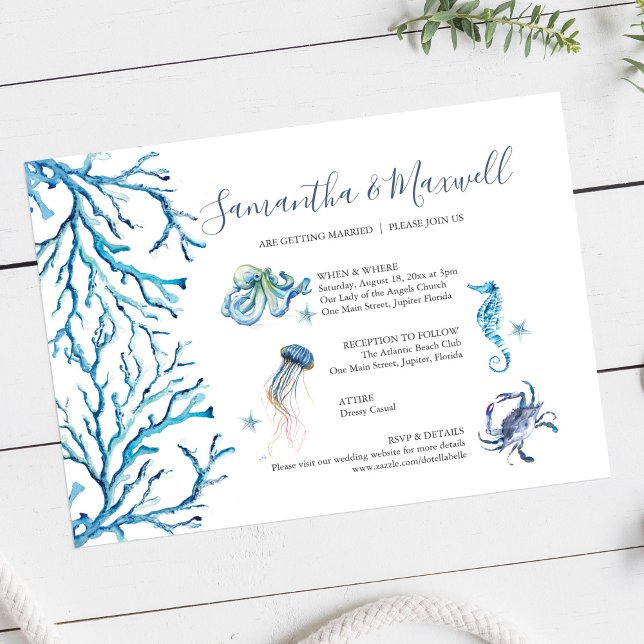 Beach Wedding Blue Watercolor Illustrated  Invitation (Custom beach wedding invitation cards features unique watercolor art by Victoria Grigaliunas)