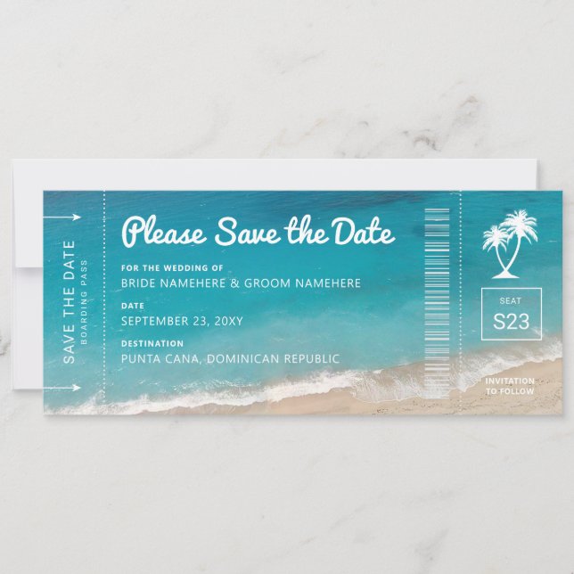 Beach Wedding Boarding Pass Moody Teal Ocean Photo Save The Date (Front)