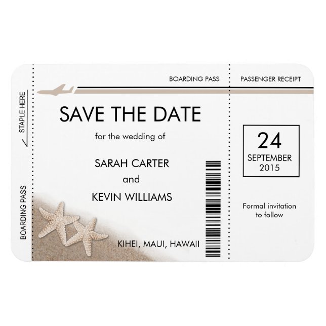 Beach Wedding Boarding Pass Save the Date Magnets (Horizontal)