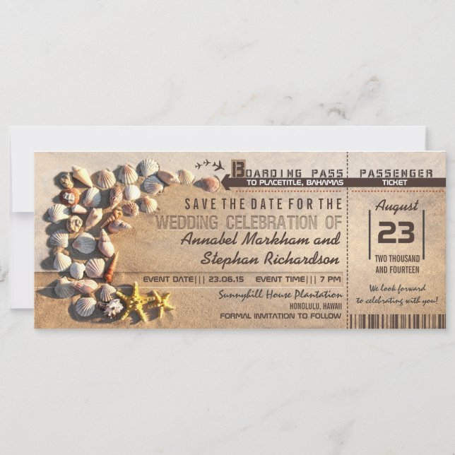 beach wedding boarding pass tickets save the date (Front)