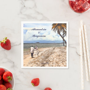  Beach Wedding Bride Groom Watercolor Palm Custom Napkin