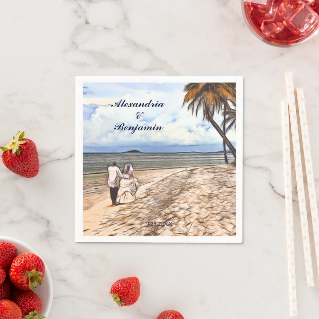  Beach Wedding Bride Groom Watercolor Palm Custom Napkin (Insitu)
