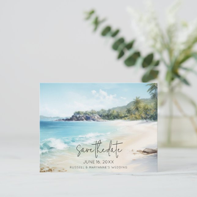 Beach Wedding Budget Save the Date Announcement Postcard (Standing Front)