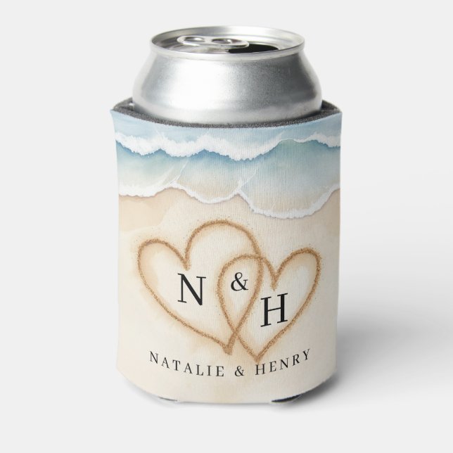 Beach Wedding Can Cooler with Sand Hearts (Can Back)