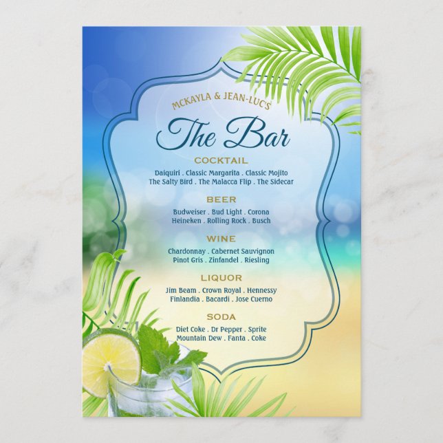 Beach Wedding Cool Mojito Palm Leaves The Open Bar Menu (Front)