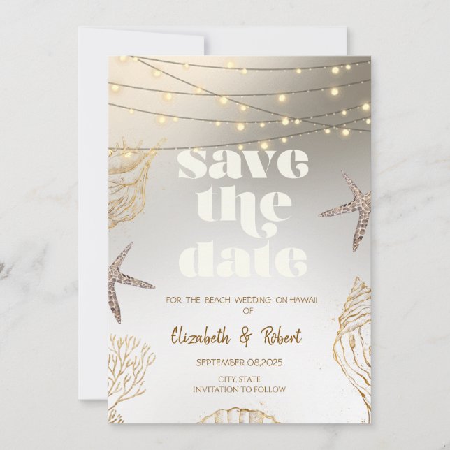 Beach Wedding Cool Seashells,Lights Save The Date (Front)