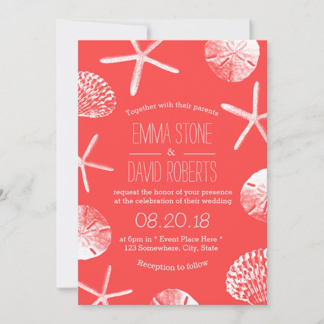 Beach Wedding Coral Red Starfish & Seashells Invitation (Front)