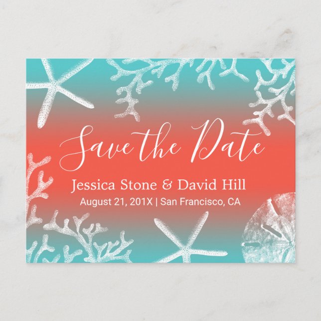 Beach Wedding Coral Reef Starfish Save the Date Announcement Postcard (Front)