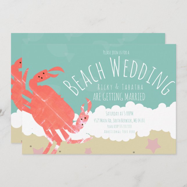 Beach Wedding Crab Sand Ocean Waves Invitation (Front/Back)