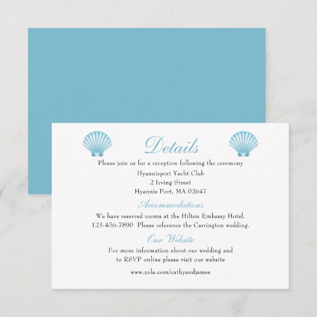 Beach Wedding Details Blue Nautical Shells Enclosure Card (Front/Back)