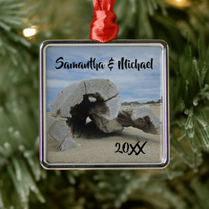 Beach Wedding Driftwood Newlywed First Christmas Metal Ornament