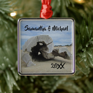 Beach Wedding Driftwood Newlywed First Christmas Metal Ornament