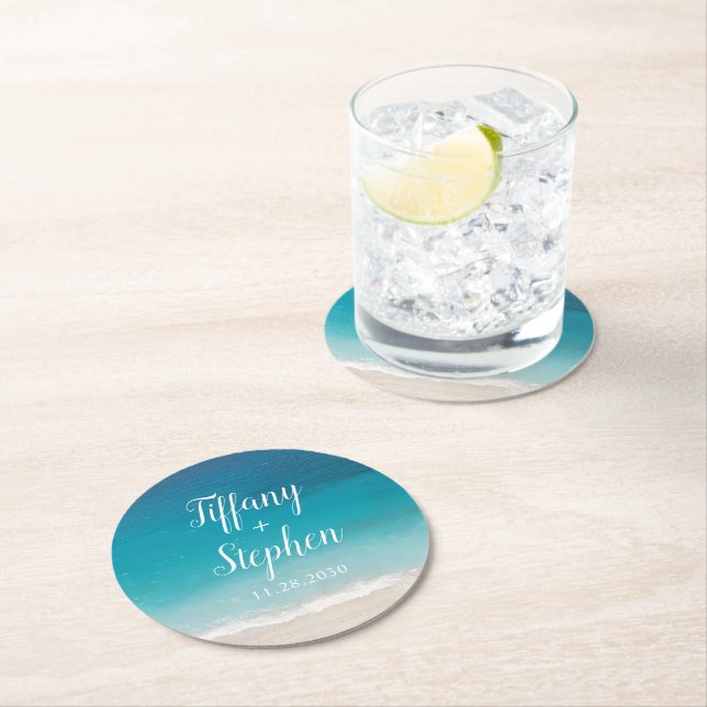 Beach Wedding Favour Keepsake Personalized Round Paper Coaster (Insitu)