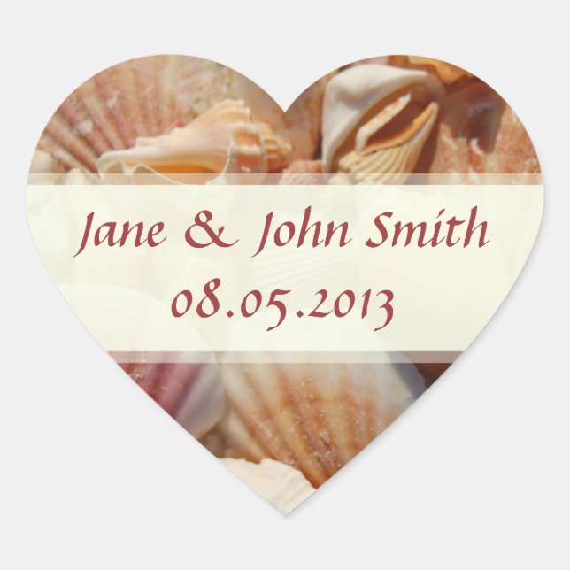 Beach Wedding Favour Stickers:  Seashells Heart Sticker (Front)