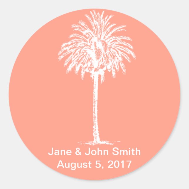 Beach Wedding Favour Stickers: White Palm on Coral Classic Round Sticker (Front)