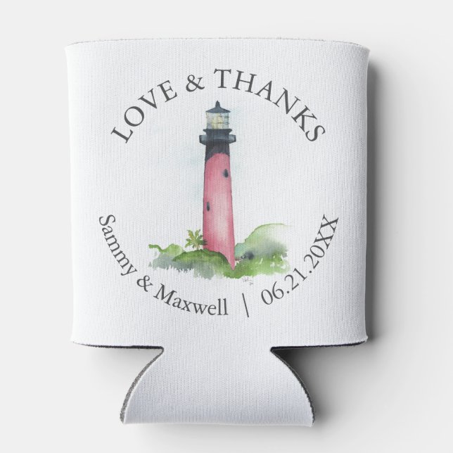 Beach Wedding Favour Watercolor Lighthouse  Can Cooler (Back)