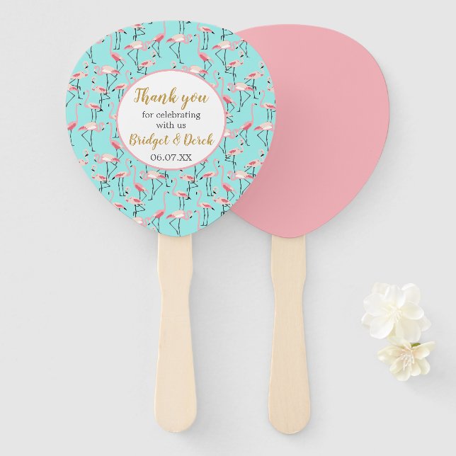 Beach Wedding Flamingo Pink Blue Thank You Wedding Hand Fan (Front and Back)