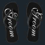 Beach wedding flip flops for groom and bride<br><div class="desc">Elegant wedding flip flops for groom and bride. Custom strap colour for him and her / men and women. Custom background colour and personalizable with name initials. Modern black and white his and hers sandals with stylish script calligraphy typography. Cute party favour for beach theme wedding, marriage, bridal shower, engagement,...</div>