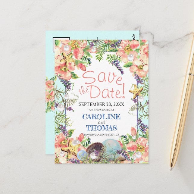 Beach Wedding Floral Seashells Pearl Save The Date Postcard (Front/Back In Situ)